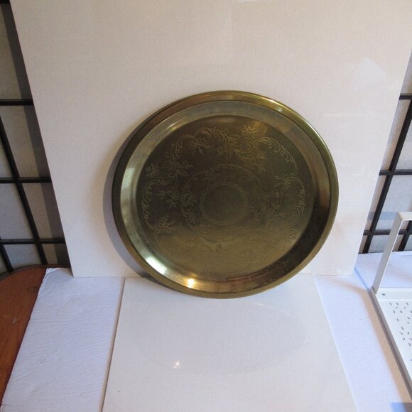 Princess House Heritage Brass Round Tray. 12", Vintage, Etched floral design - Picture 2 of 4